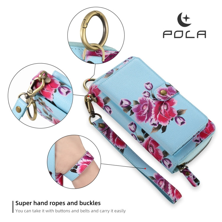 For Samsung Galaxy S24 5G POLA Flower Multi-functional Zipper Wallet Leather Phone Case(Sky Blue) - Galaxy S24 5G Cases by PMC Jewellery | Online Shopping South Africa | PMC Jewellery | Buy Now Pay Later Mobicred