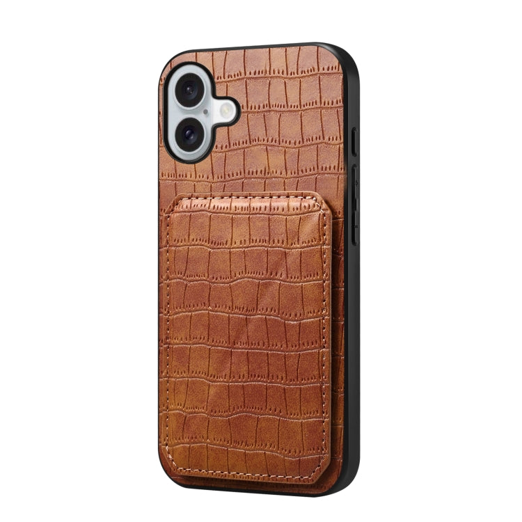 For iPhone 16 Imitation Crocodile Leather Back Phone Case with Holder(Brown) - iPhone 16 Cases by PMC Jewellery | Online Shopping South Africa | PMC Jewellery | Buy Now Pay Later Mobicred