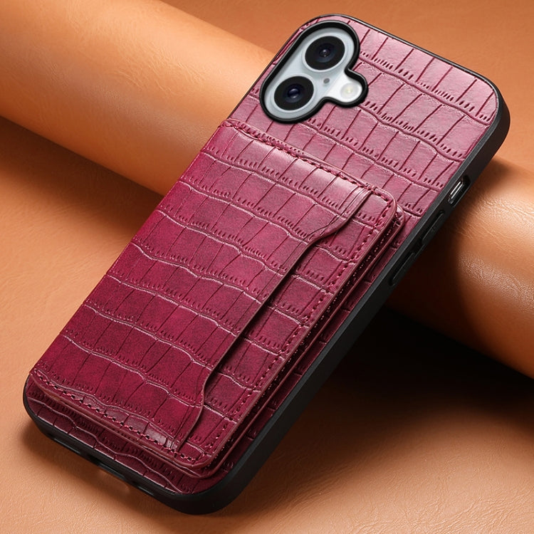 For iPhone 16 Crocodile Texture Card Bag Design Full Coverage Phone Case(Red) - iPhone 16 Cases by PMC Jewellery | Online Shopping South Africa | PMC Jewellery | Buy Now Pay Later Mobicred