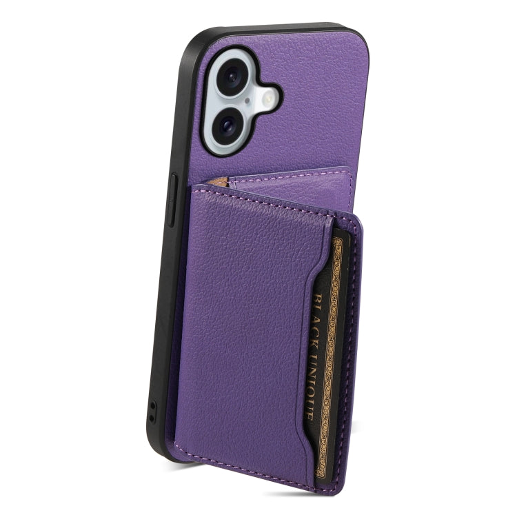 For iPhone 16 Calf Texture Card Bag Design Full Coverage Phone Case(Purple) - iPhone 16 Cases by PMC Jewellery | Online Shopping South Africa | PMC Jewellery | Buy Now Pay Later Mobicred