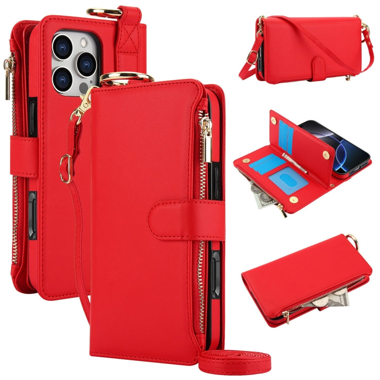 For iPhone 16 Pro Max Crossbody Ring Multifunctional Wallet Leather Phone Case(Red) - iPhone 16 Pro Max Cases by PMC Jewellery | Online Shopping South Africa | PMC Jewellery | Buy Now Pay Later Mobicred