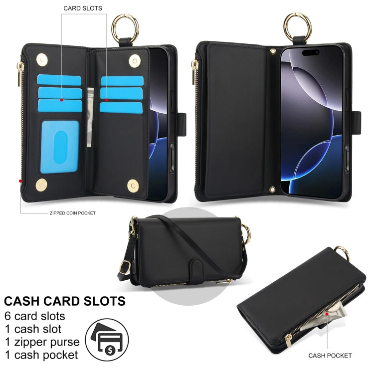 For iPhone 16 Pro Crossbody Ring Multifunctional Wallet Leather Phone Case(Black) - More iPhone Cases by PMC Jewellery | Online Shopping South Africa | PMC Jewellery | Buy Now Pay Later Mobicred