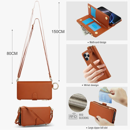 For iPhone 16 Pro Crossbody Ring Multifunctional Wallet Leather Phone Case(Brown) - More iPhone Cases by PMC Jewellery | Online Shopping South Africa | PMC Jewellery | Buy Now Pay Later Mobicred