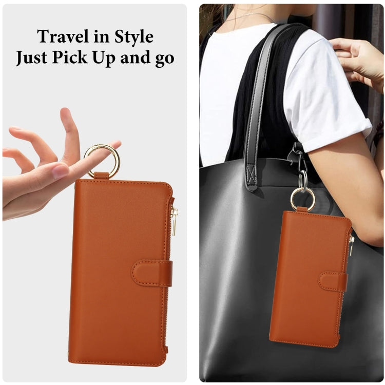 For iPhone 16 Pro Crossbody Ring Multifunctional Wallet Leather Phone Case(Brown) - More iPhone Cases by PMC Jewellery | Online Shopping South Africa | PMC Jewellery | Buy Now Pay Later Mobicred