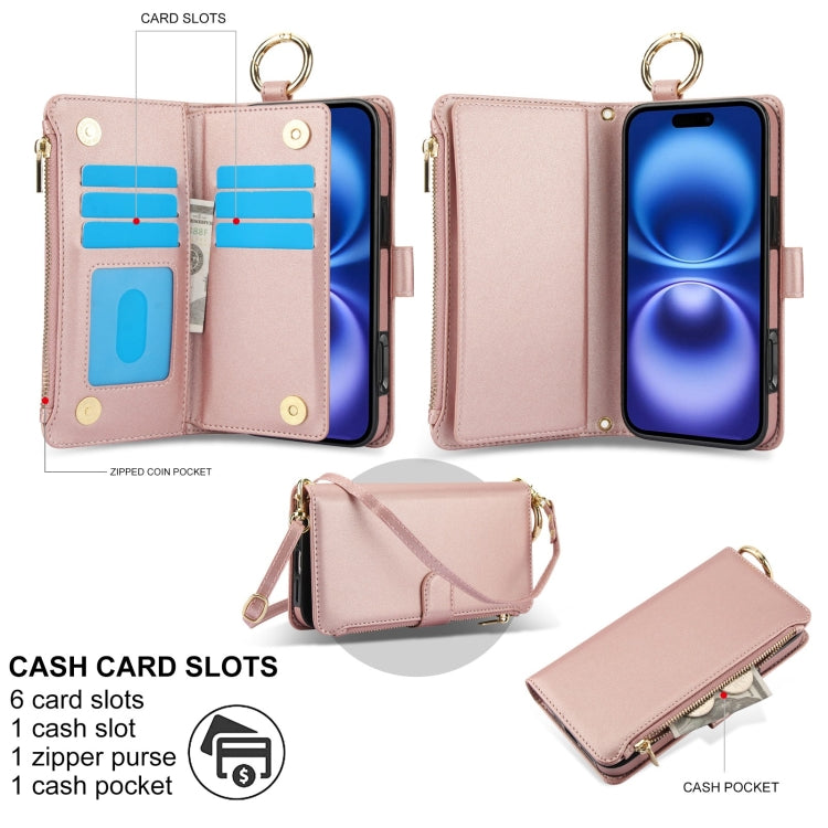 For iPhone 16 Plus Crossbody Ring Multifunctional Wallet Leather Phone Case(Rose Gold) - iPhone 16 Plus Cases by PMC Jewellery | Online Shopping South Africa | PMC Jewellery | Buy Now Pay Later Mobicred