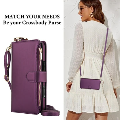 For iPhone 16 Plus Crossbody Ring Multifunctional Wallet Leather Phone Case(Dark Purple) - iPhone 16 Plus Cases by PMC Jewellery | Online Shopping South Africa | PMC Jewellery | Buy Now Pay Later Mobicred