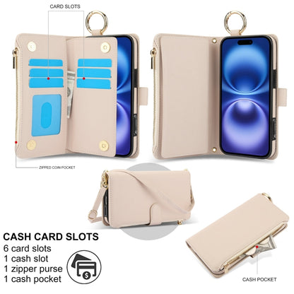 For iPhone 16 Crossbody Ring Multifunctional Wallet Leather Phone Case(White) - iPhone 16 Cases by PMC Jewellery | Online Shopping South Africa | PMC Jewellery | Buy Now Pay Later Mobicred