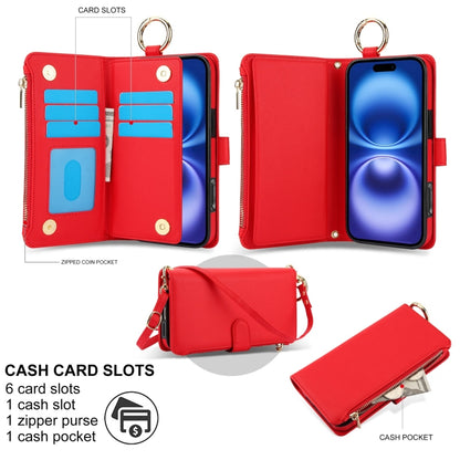 For iPhone 16 Crossbody Ring Multifunctional Wallet Leather Phone Case(Red) - iPhone 16 Cases by PMC Jewellery | Online Shopping South Africa | PMC Jewellery | Buy Now Pay Later Mobicred