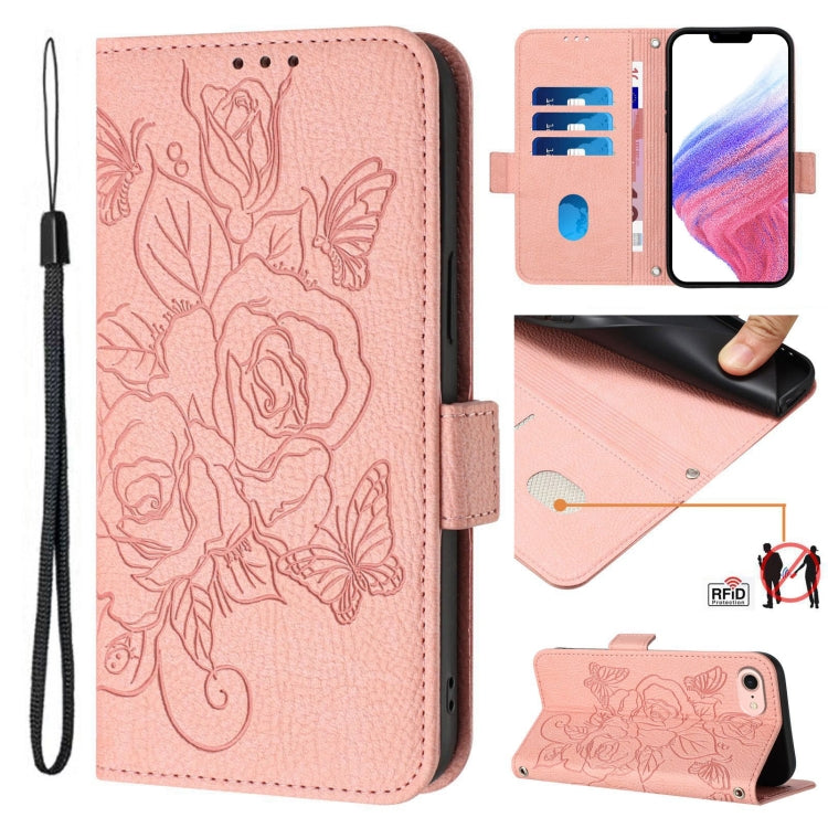 For iPhone SE 2024 Embossed Rose RFID Anti-theft Leather Phone Case(Pink) - More iPhone Cases by PMC Jewellery | Online Shopping South Africa | PMC Jewellery | Buy Now Pay Later Mobicred