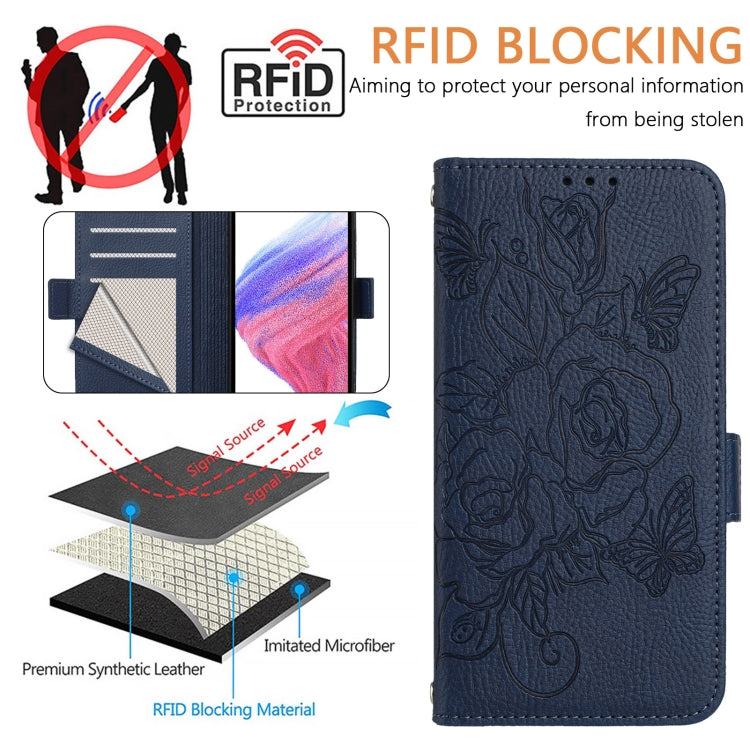 For Blackview A52 Embossed Rose RFID Anti-theft Leather Phone Case(Dark Blue) - More Brand by PMC TechLife | Online Shopping South Africa | PMC TechLife | Buy Now Pay Later Mobicred