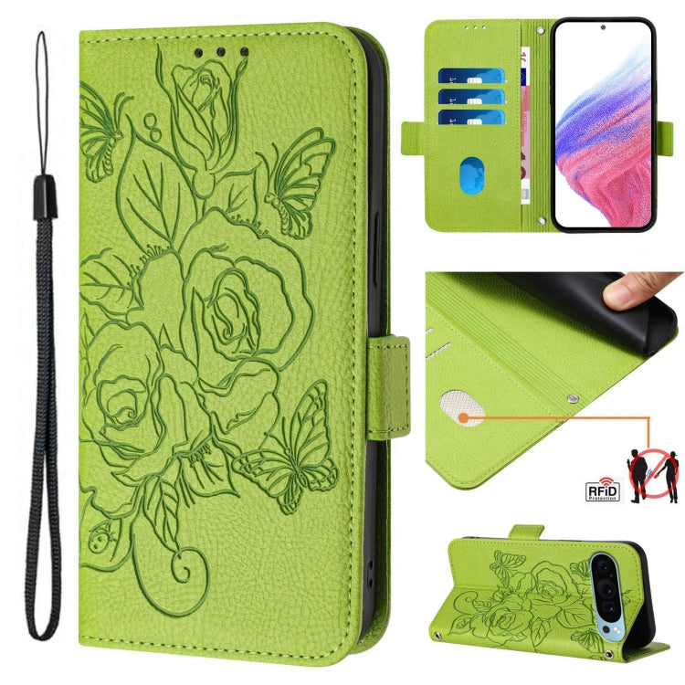 For Google Pixel 9 Pro XL Embossed Rose RFID Anti-theft Leather Phone Case(Green) - Google Cases by PMC TechLife | Online Shopping South Africa | PMC TechLife | Buy Now Pay Later Mobicred