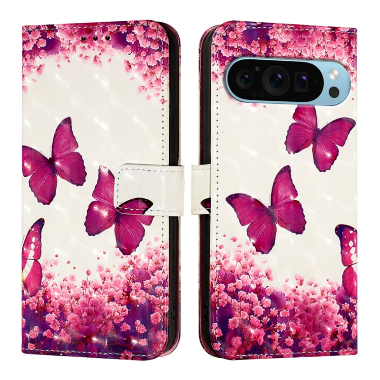 For Google Pixel 9 Pro XL 3D Painting Horizontal Flip Leather Phone Case(Rose Butterfly) - Google Cases by PMC Jewellery | Online Shopping South Africa | PMC Jewellery | Buy Now Pay Later Mobicred