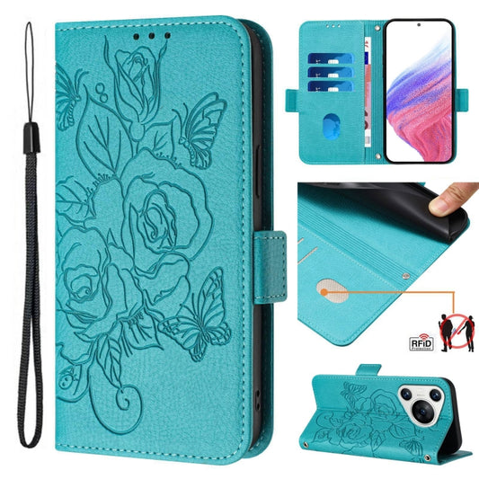 For Huawei Pura 70 Embossed Rose RFID Anti-theft Leather Phone Case(Light Blue) - Huawei Cases by PMC Jewellery | Online Shopping South Africa | PMC Jewellery | Buy Now Pay Later Mobicred