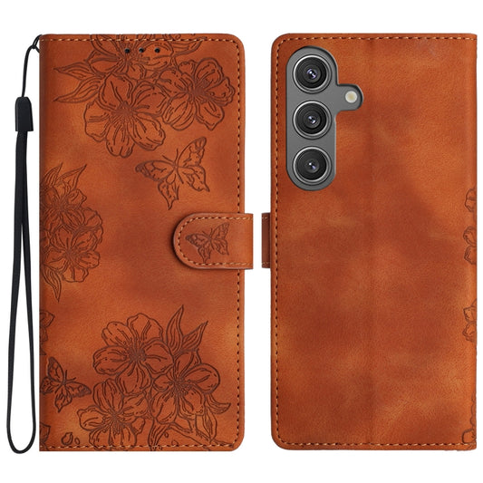 For Samsung Galaxy S25 5G Cherry Blossom Butterfly Skin Feel Embossed PU Phone Case(Brown) - Galaxy S25 5G Cases by PMC Jewellery | Online Shopping South Africa | PMC Jewellery | Buy Now Pay Later Mobicred