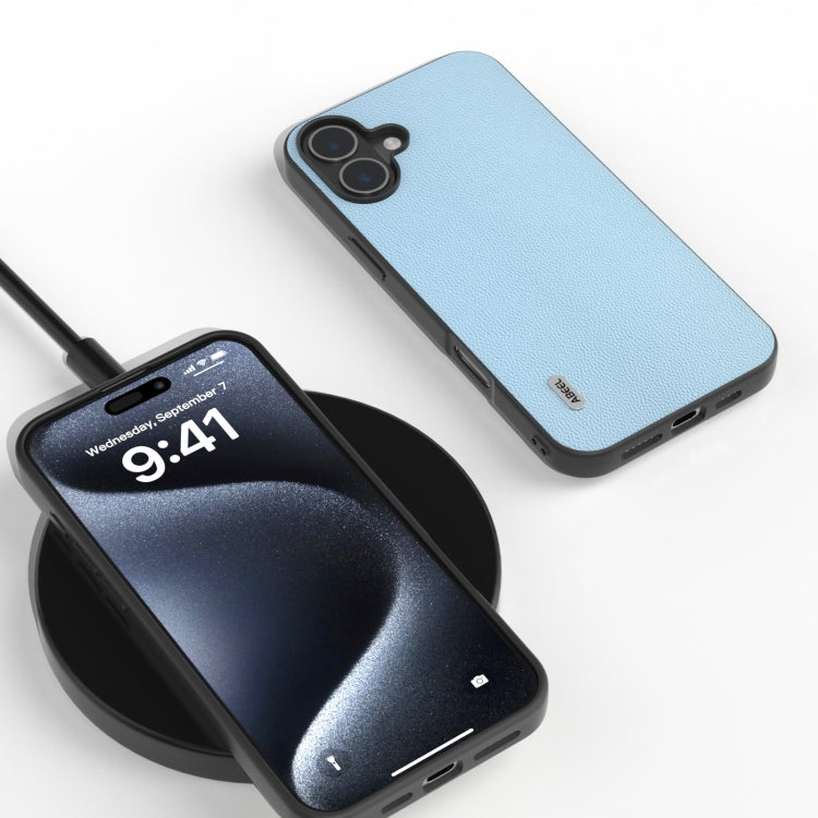 For iPhone 16 Plus ABEEL Black Frame Genuine Leather Elegant Phone Case(Sky Blue) - iPhone 16 Plus Cases by PMC TechLife | Online Shopping South Africa | PMC TechLife | Buy Now Pay Later Mobicred
