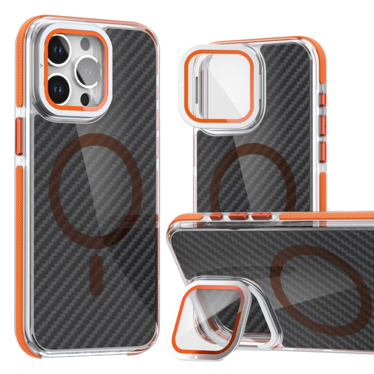 For iPhone 16 Pro Magsafe Dual-Color Carbon Fiber Lens Film Phone Case with Lens Fold Holder(Orange) - iPhone 16 Pro Cases by PMC Jewellery | Online Shopping South Africa | PMC Jewellery | Buy Now Pay Later Mobicred