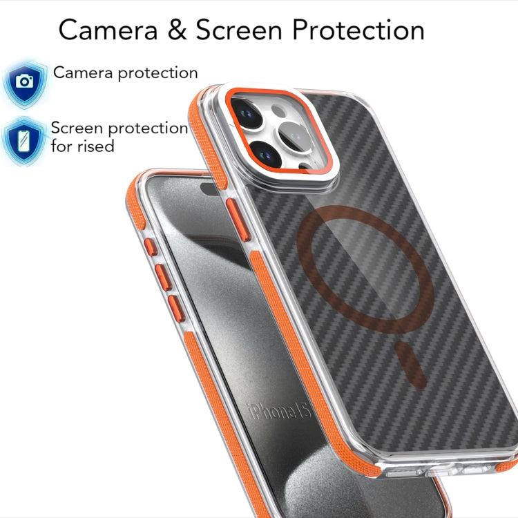 For iPhone 16 Plus Magsafe Dual-Color Carbon Fiber Lens Film Phone Case with Lens Fold Holder(Orange) - iPhone 16 Plus Cases by PMC Jewellery | Online Shopping South Africa | PMC Jewellery | Buy Now Pay Later Mobicred