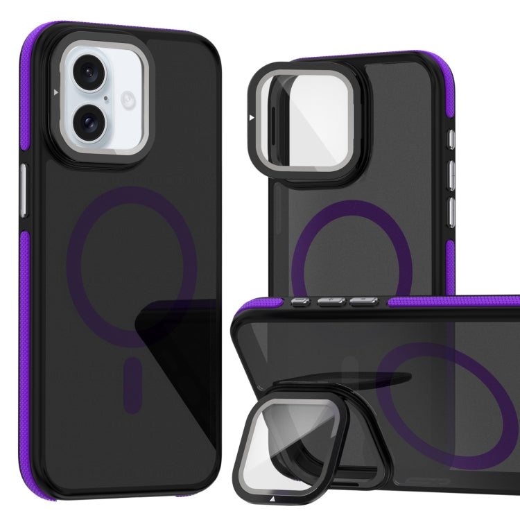 For iPhone 16 Magsafe Dual-Color Skin Feel Lens Film Phone Case with Lens Fold Holder(Purple) - More iPhone Cases by PMC Jewellery | Online Shopping South Africa | PMC Jewellery | Buy Now Pay Later Mobicred