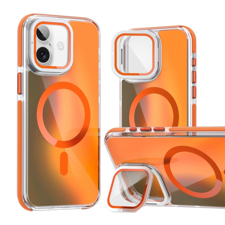 For iPhone 16 Plus MagSafe Gradient Color Lens Film Phone Case with Lens Fold Holder(Orange) - iPhone 16 Plus Cases by PMC Jewellery | Online Shopping South Africa | PMC Jewellery | Buy Now Pay Later Mobicred