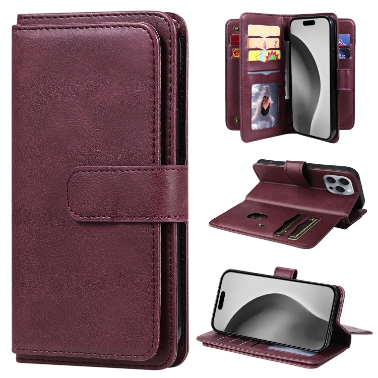 For iPhone 16 Pro Max Multi-Function Wallet 10 Card Slots Leather Phone Case(Claret) - iPhone 16 Pro Max Cases by PMC TechLife | Online Shopping South Africa | PMC TechLife | Buy Now Pay Later Mobicred