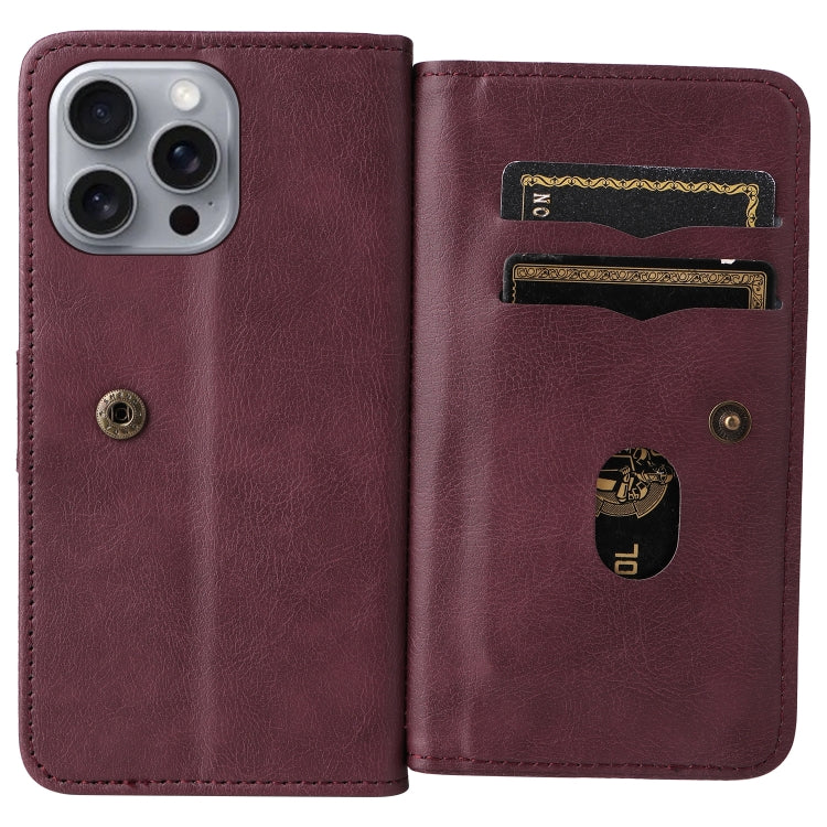For iPhone 16 Pro Max Multi-Function Wallet 10 Card Slots Leather Phone Case(Claret) - iPhone 16 Pro Max Cases by PMC TechLife | Online Shopping South Africa | PMC TechLife | Buy Now Pay Later Mobicred
