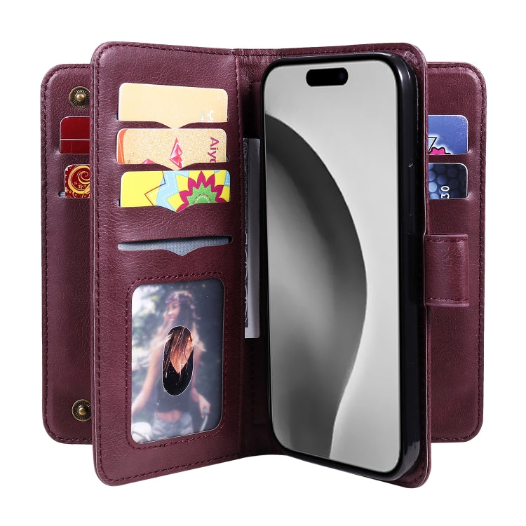 For iPhone 16 Pro Max Multi-Function Wallet 10 Card Slots Leather Phone Case(Claret) - iPhone 16 Pro Max Cases by PMC TechLife | Online Shopping South Africa | PMC TechLife | Buy Now Pay Later Mobicred