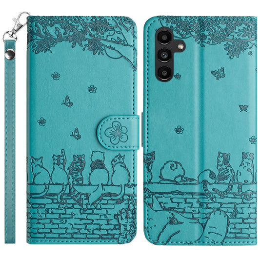 For Samsung Galaxy S25+ 5G Cat Embossing Pattern Leather Phone Case with Lanyard(Blue) - Galaxy S25+ 5G Cases by PMC Jewellery | Online Shopping South Africa | PMC Jewellery | Buy Now Pay Later Mobicred