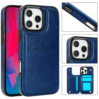 For iPhone 16 Pro Double Buckle Crazy Horse Texture PU Phone Case(Blue) - iPhone 16 Pro Cases by PMC Jewellery | Online Shopping South Africa | PMC Jewellery | Buy Now Pay Later Mobicred