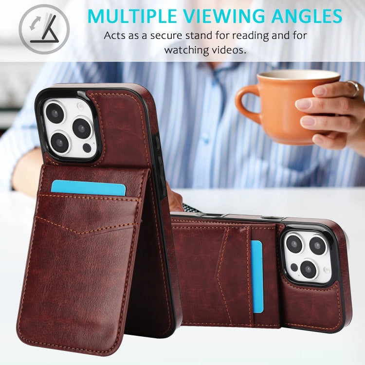 For iPhone 16 Pro Solid Color Card Slots Bracket PU Phone Case(Brown) - iPhone 16 Pro Cases by PMC TechLife | Online Shopping South Africa | PMC TechLife | Buy Now Pay Later Mobicred