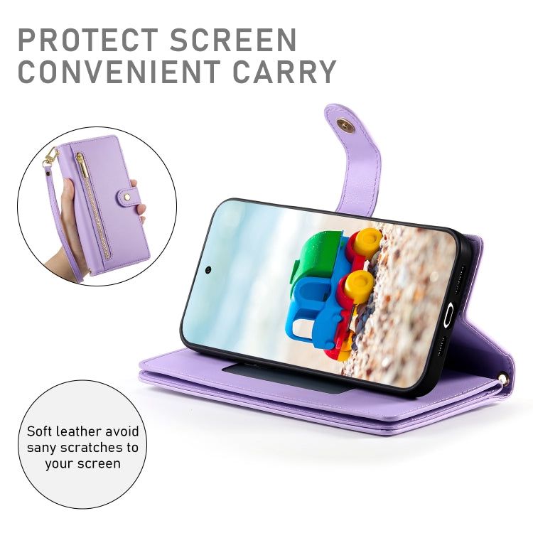 For Google Pixel 9 / 9 Pro Nine Card-slot Zipper Wallet Bag Leather Phone Case(Purple) - Google Cases by PMC Jewellery | Online Shopping South Africa | PMC Jewellery | Buy Now Pay Later Mobicred