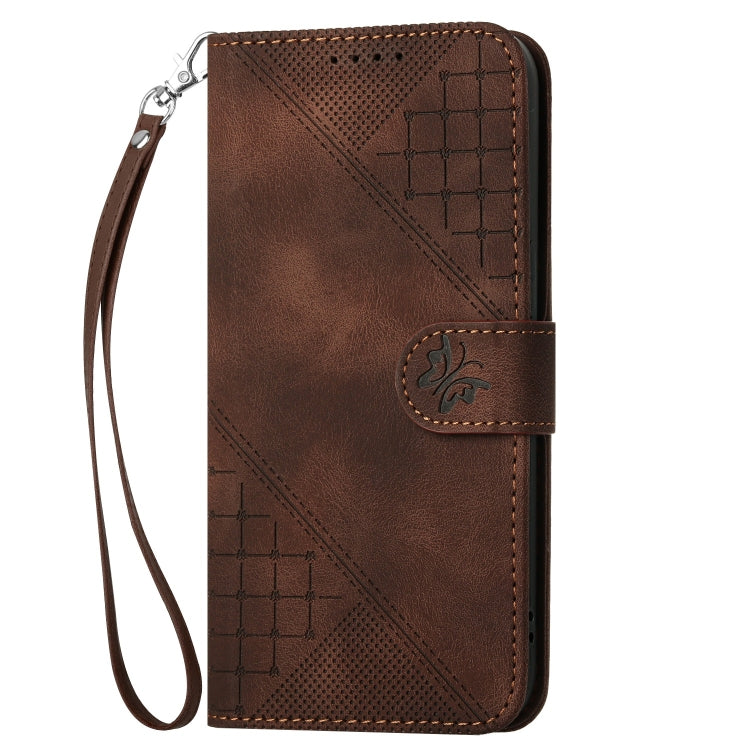 For iPhone 16 YX0080 Grid Butterfly Embossed Pattern Flip Leather Phone Case with Lanyard(Coffee) - iPhone 16 Cases by PMC Jewellery | Online Shopping South Africa | PMC Jewellery | Buy Now Pay Later Mobicred