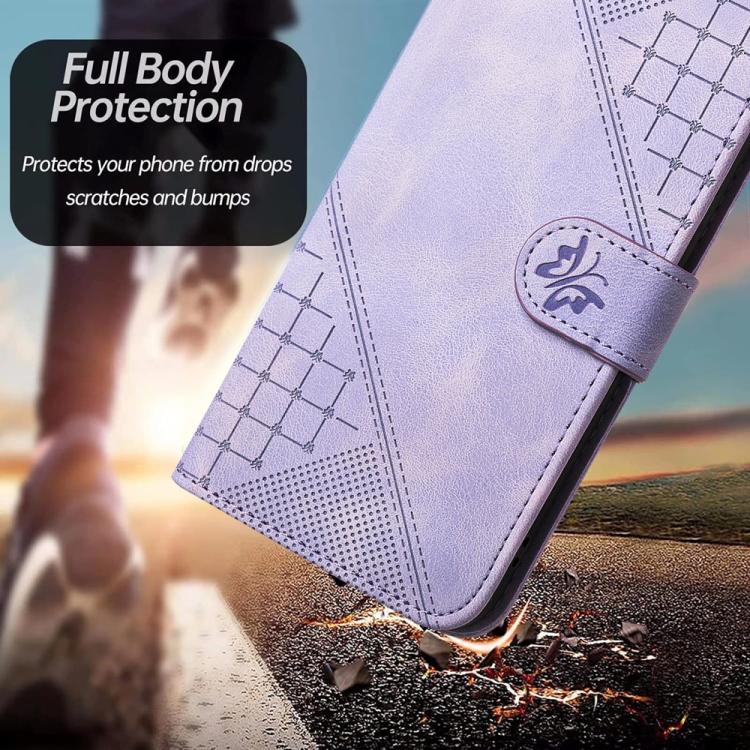 For iPhone 17 YX0080 Grid Butterfly Embossed Pattern Flip Leather Phone Case with Lanyard(Light Purple) - free shipping - PMc TechLife - Order now!