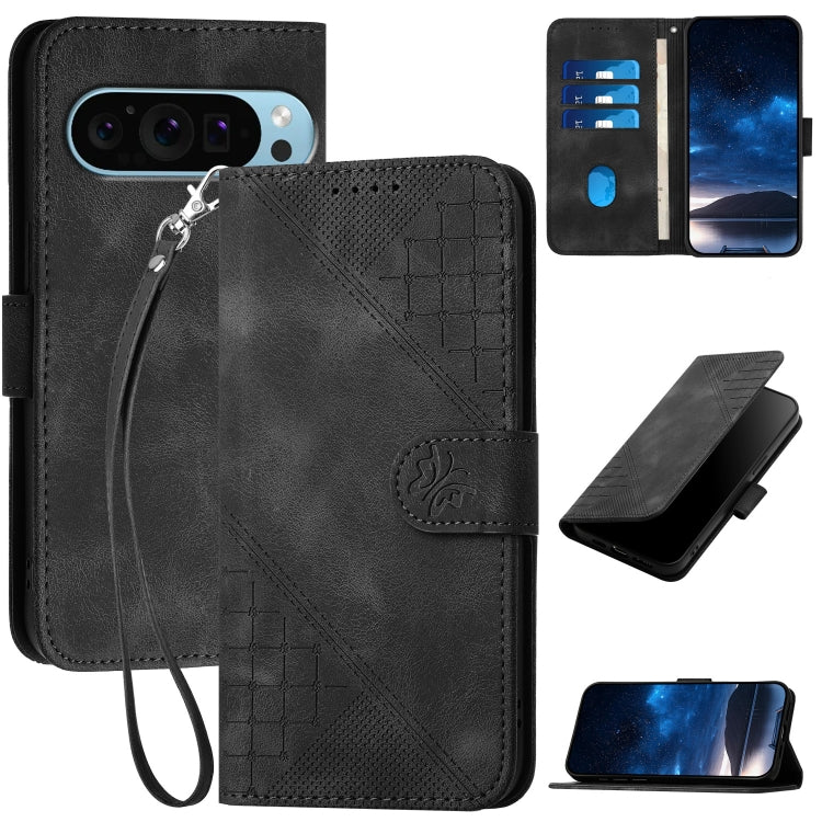 For Google Pixel 9 Pro XL YX0080 Grid Butterfly Embossed Pattern Flip Leather Phone Case with Lanyard(Black) - Google Cases by PMC Jewellery | Online Shopping South Africa | PMC Jewellery | Buy Now Pay Later Mobicred