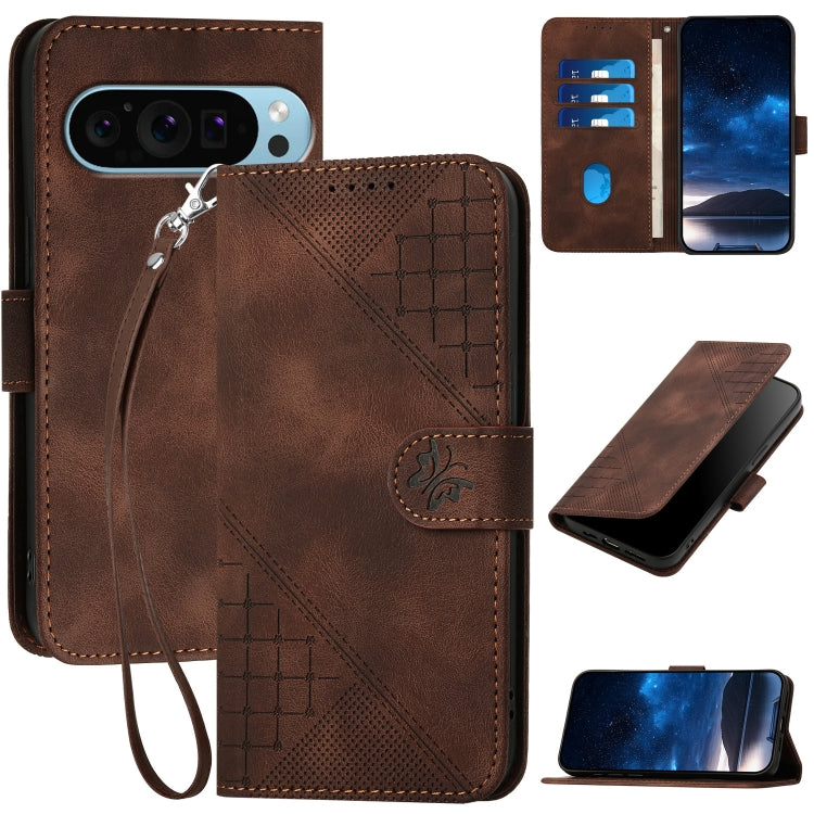 For Google Pixel 9 Pro XL YX0080 Grid Butterfly Embossed Pattern Flip Leather Phone Case with Lanyard(Coffee) - Google Cases by PMC Jewellery | Online Shopping South Africa | PMC Jewellery | Buy Now Pay Later Mobicred