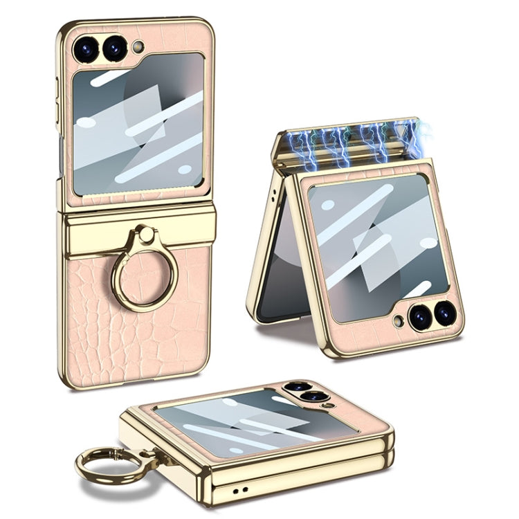 For Samsung Galaxy Z Flip6 GKK Integrated Electroplated Crocodile Texture Leather Phone Case with Ring(Pink) - Galaxy Phone Cases by GKK | Online Shopping South Africa | PMC Jewellery | Buy Now Pay Later Mobicred