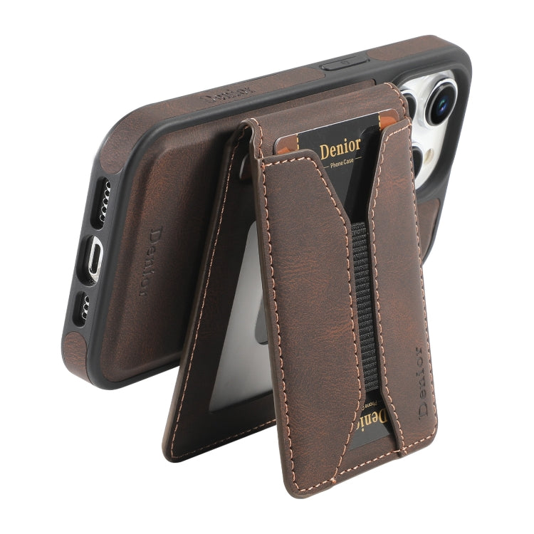 For iPhone 16 Pro Denior D18 Skin Feel Rotating Holder MagSafe Detachable Card Slot Phone Case(Brown) - iPhone 16 Pro Cases by Denior | Online Shopping South Africa | PMC Jewellery | Buy Now Pay Later Mobicred