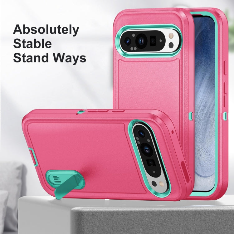 For Google Pixel 9 Pro Rugged PC + Silicone Phone Case with Holder(Rose Red+Light Green) - Google Cases by PMC Jewellery | Online Shopping South Africa | PMC Jewellery | Buy Now Pay Later Mobicred