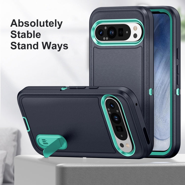 For Google Pixel 9 Pro Rugged PC + Silicone Phone Case with Holder(Dark Blue+Light Green) - Google Cases by PMC Jewellery | Online Shopping South Africa | PMC Jewellery | Buy Now Pay Later Mobicred