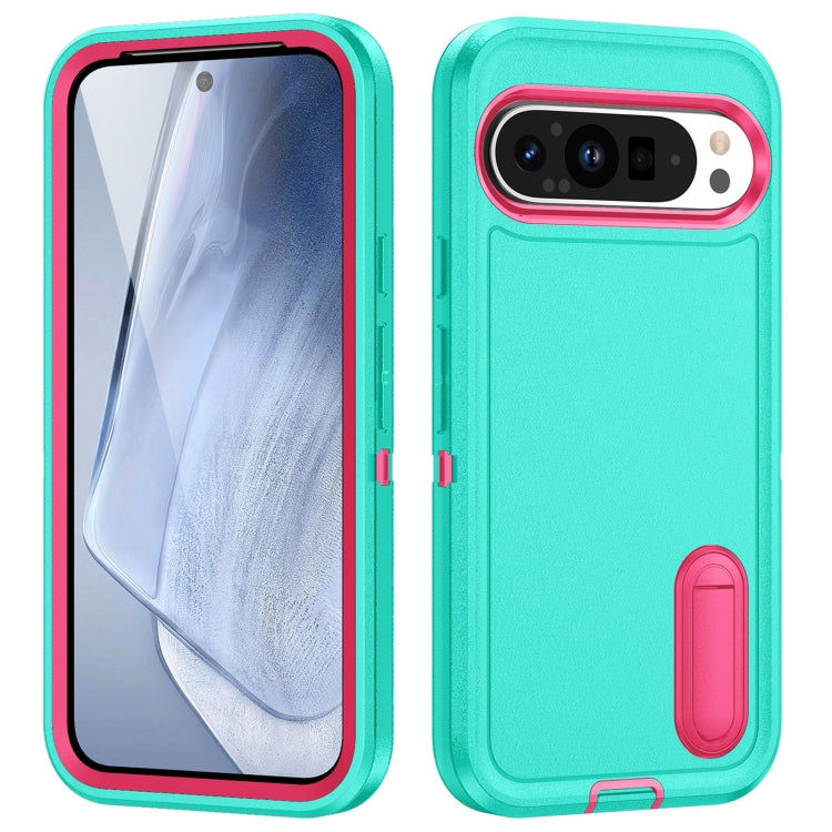 For Google Pixel 9 Rugged PC + Silicone Phone Case with Holder(Light Green+Rose Red) - Google Cases by PMC TechLife | Online Shopping South Africa | PMC TechLife | Buy Now Pay Later Mobicred