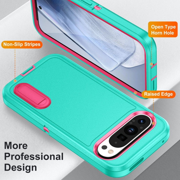 For Google Pixel 9 Rugged PC + Silicone Phone Case with Holder(Light Green+Rose Red) - Google Cases by PMC TechLife | Online Shopping South Africa | PMC TechLife | Buy Now Pay Later Mobicred