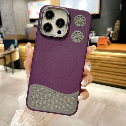 For iPhone 16 Pro Max Leather Textured Fan Hollow Cooling MagSafe Magnetic Phone Case(Purple) - iPhone 16 Pro Max Cases by PMC Jewellery | Online Shopping South Africa | PMC Jewellery | Buy Now Pay Later Mobicred