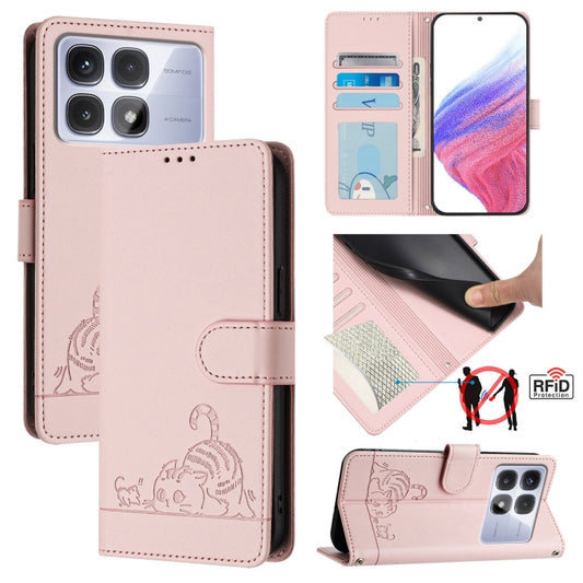 For Redmi K70 Ultra 5G Global Cat Rat Embossed Pattern RFID Leather Phone Case with Lanyard(Pink) - Xiaomi Cases by PMC Jewellery | Online Shopping South Africa | PMC Jewellery | Buy Now Pay Later Mobicred