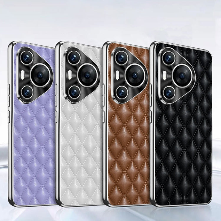 For Huawei Pura 70 Silver Edge Rhombic Texture PU Leather Phone Case(Brown) - Huawei Cases by PMC Jewellery | Online Shopping South Africa | PMC Jewellery | Buy Now Pay Later Mobicred