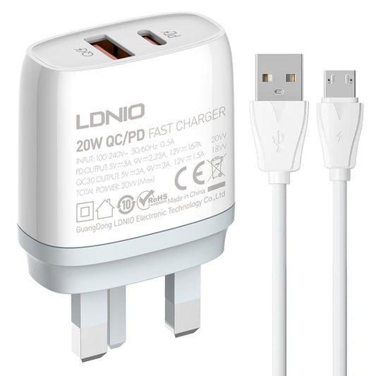 LDNIO Q229 QC3.0 / PD20W USB + Type-C Fast Charger with 1m USB to Micro USB Cable, Plug Type:UK Plug(White) - USB Charger by LDNIO | Online Shopping South Africa | PMC Jewellery | Buy Now Pay Later Mobicred