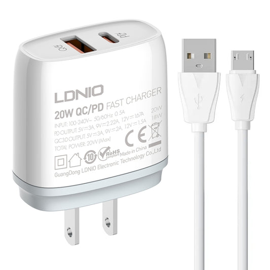 LDNIO Q229 QC3.0 / PD20W USB + Type-C Fast Charger with 1m USB to Micro USB Cable, Plug Type:US Plug(White) - USB Charger by LDNIO | Online Shopping South Africa | PMC Jewellery | Buy Now Pay Later Mobicred