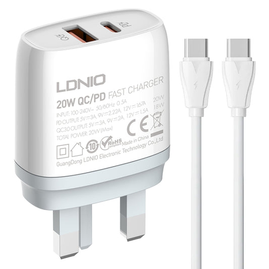 LDNIO Q229 QC3.0 / PD20W USB + Type-C Fast Charger with 1m Type-C to Type-C Cable, Plug Type:UK Plug(White) - USB Charger by LDNIO | Online Shopping South Africa | PMC Jewellery | Buy Now Pay Later Mobicred