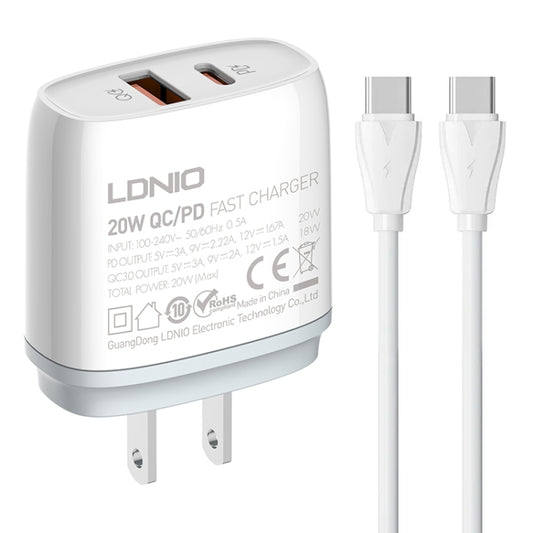 LDNIO Q229 QC3.0 / PD20W USB + Type-C Fast Charger with 1m Type-C to Type-C Cable, Plug Type:US Plug(White) - USB Charger by LDNIO | Online Shopping South Africa | PMC Jewellery | Buy Now Pay Later Mobicred