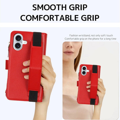 For iPhone 16 Plus Wristband Holder Zipper Purse RFID Leather Phone Case(Red) - iPhone 16 Plus Cases by PMC Jewellery | Online Shopping South Africa | PMC Jewellery | Buy Now Pay Later Mobicred