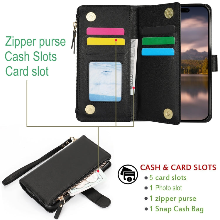 For iPhone 16 Pro Max Wristband Holder Zipper Purse RFID Leather Phone Case(Black) -  by PMC Jewellery | Online Shopping South Africa | PMC Jewellery | Buy Now Pay Later Mobicred