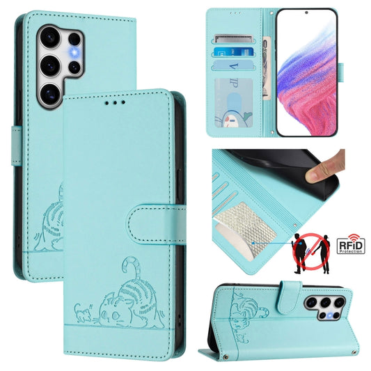 For Samsung Galaxy S25 Ultra 5G Cat Rat Embossed RFID Leather Phone Case with Lanyard(Mint Green) - Galaxy S25 Ultra 5G Cases by PMC Jewellery | Online Shopping South Africa | PMC Jewellery | Buy Now Pay Later Mobicred